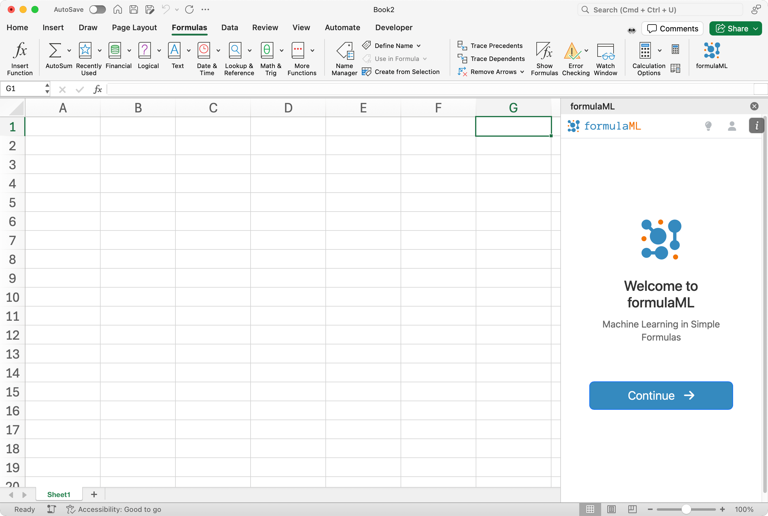 Click Continue in formulaML pane